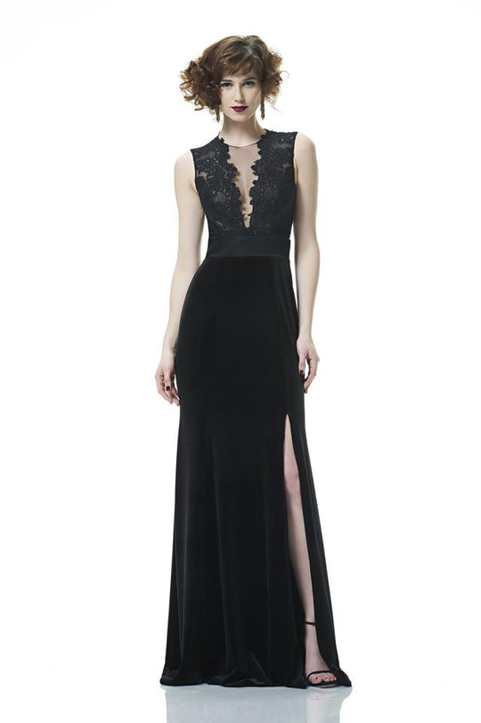 Theia  - 883004 Sleeveless V Neck Lace Long Gown with Slit in Black and Gold