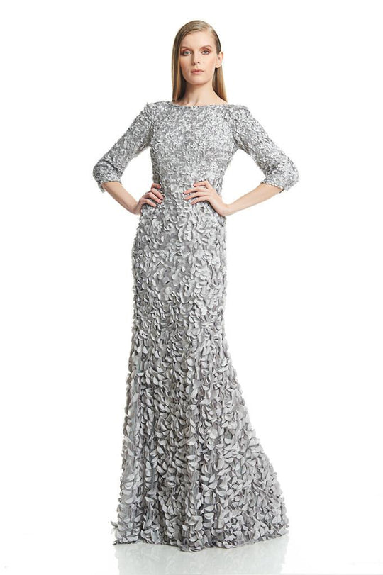Theia - 882663 Shimmering Petal Quarter Sleeve Evening Dress in Silver