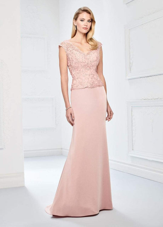 Montage by Mon Cheri - 218915 Embroidered Lace V-neck Trumpet Dress in Pink
