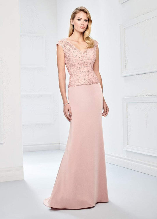 Montage by Mon Cheri - 218915W Embroidered Lace V-neck Trumpet Dress in Pink