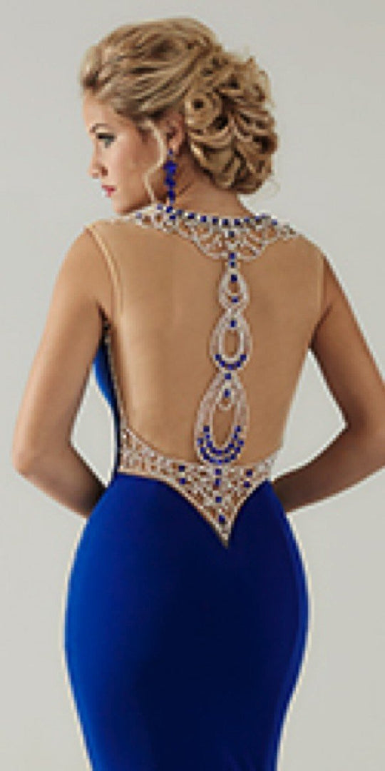 Tiffany Homecoming - Regal Jewel Illusion Trumpet Long Evening Gown 16168 In Blue