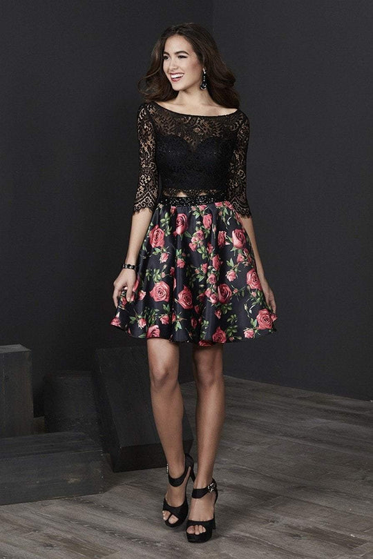 Tiffany Homecoming - 27221 Lace and Satin Half Sleeve Cocktail Dress in Black and Floral