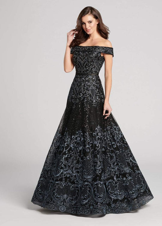 Ellie Wilde - EW21825 Sequined Lace Tulle Off-Shoulder A-line Dress in Black and Blue