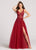 Ellie Wilde - EW118139 Plunging V-Neck High Slit Tulle Gown In Red