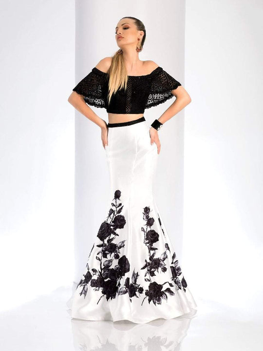 Clarisse - 4906 Lace Off-Shoulder Two-Piece Mermaid Gown  in White and Black