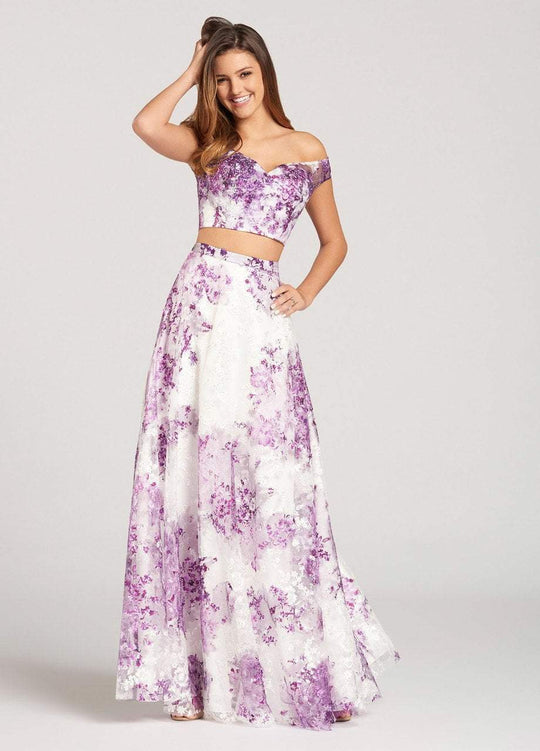 Ellie Wilde - EW118112 Two-Piece Off Shoulder Floral Lace A-Line Gown In White and Purple