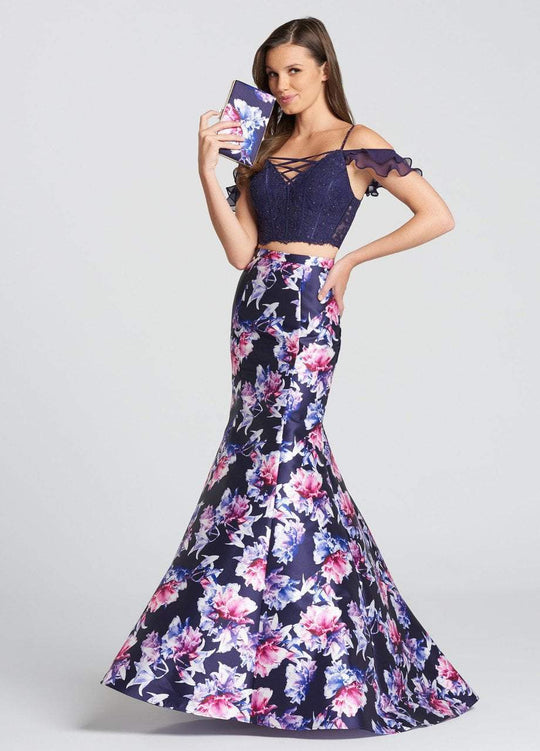Ellie Wilde - EW118179 Two-Piece Lace Off Shoulder Floral Trumpet Gown In Purple and Floral