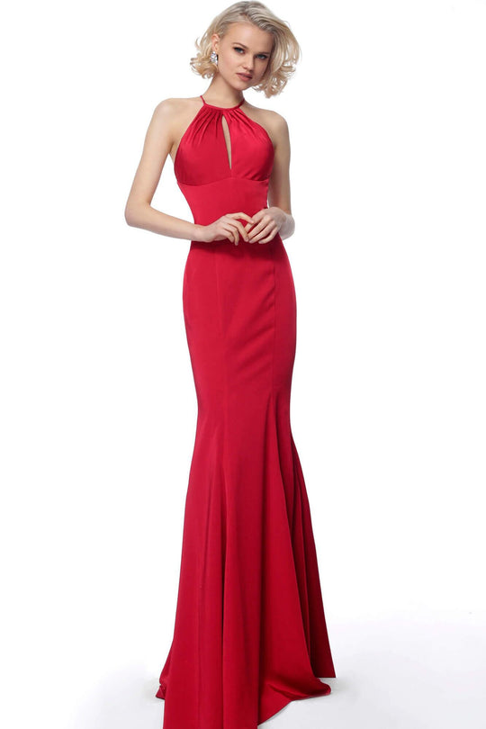 Jovani - JVN63407 Halter Neck Trumpet Dress With Train In Red