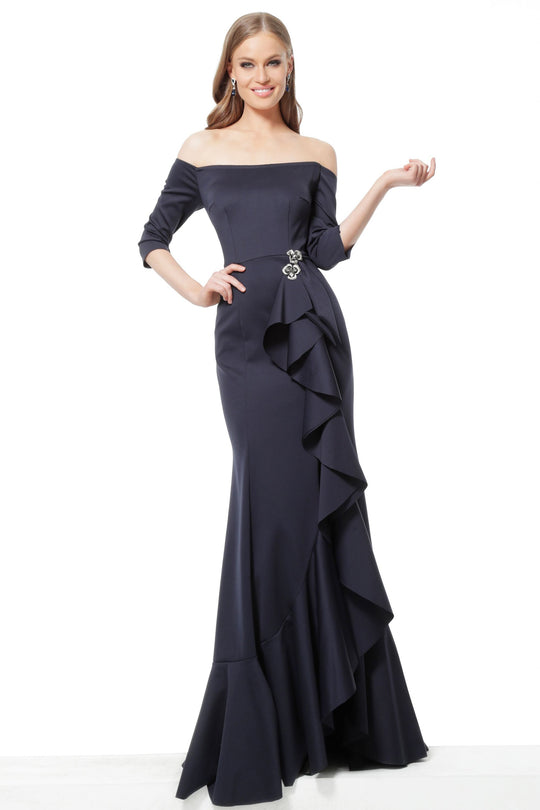 Jovani - 68429 Off-Shoulder Stretch Fabric Trumpet Dress In Blue