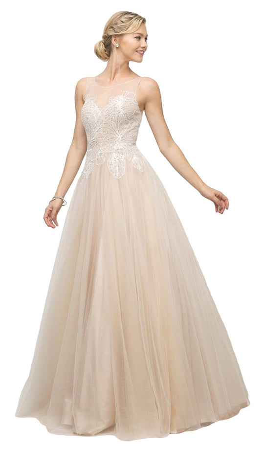 Cinderella Divine - UE009 Illusion Neckline Lace Bodice Tulle Gown In Nude