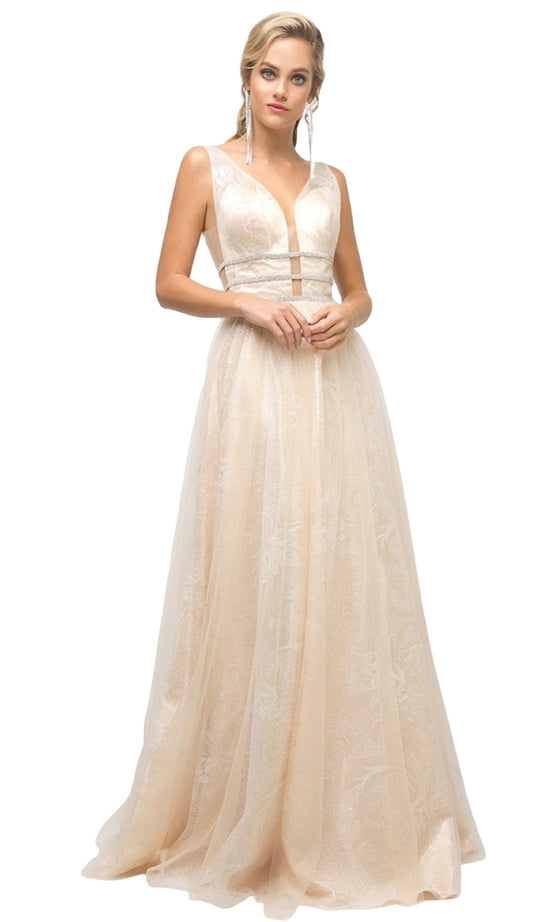 Cinderella Divine - UE011 Plunging Beaded Tri-Band A-Line Gown In Neutral