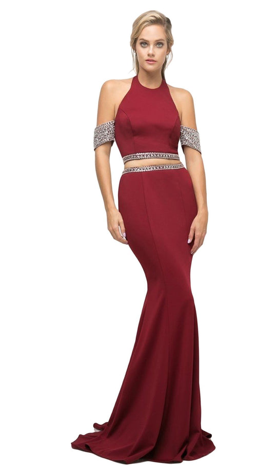 Cinderella Divine - UH551 Embellished Halter Trumpet Dress In Red