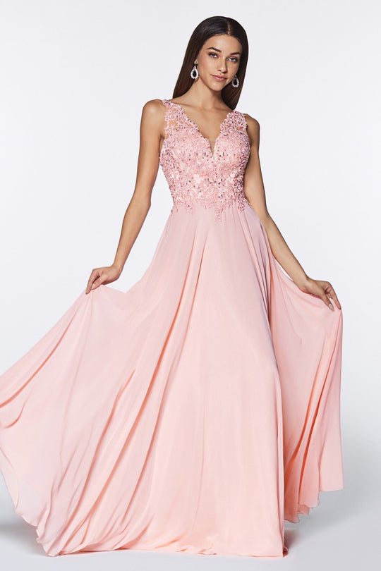 Cinderella Divine - UJ0123 Long Beaded Lace Chiffon A-Line Dress In Pink