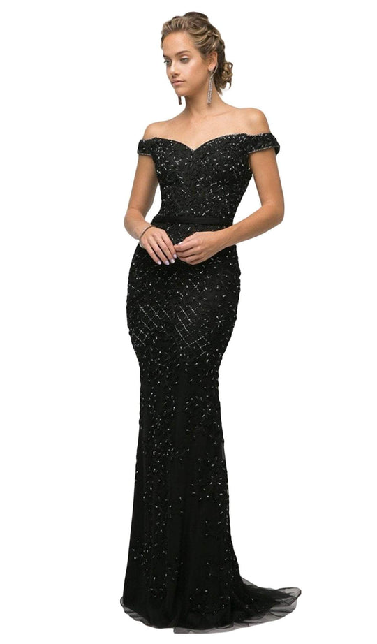 Cinderella Divine - UK012 Off Shoulder Beaded Lace Ornate Sheath Gown In Black