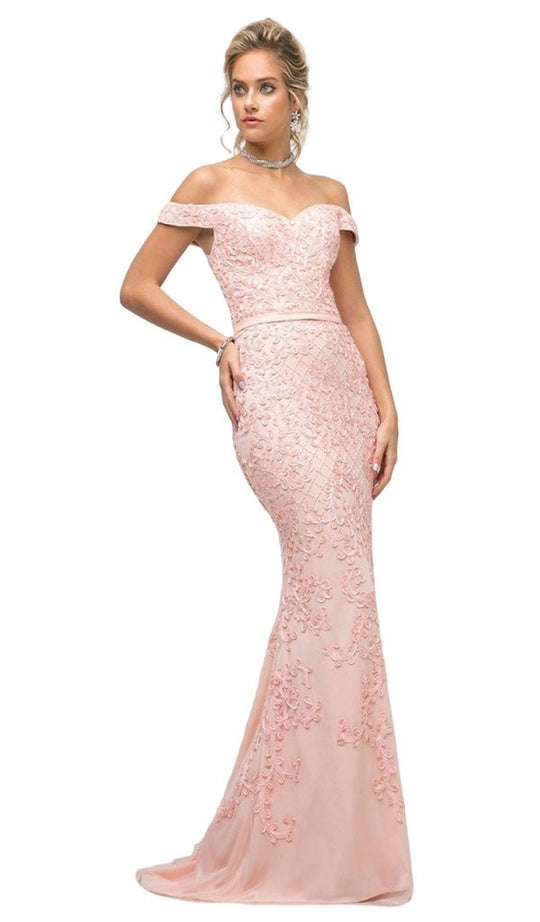 Cinderella Divine - UK012 Off Shoulder Beaded Lace Lattice Ornate Evening Gown In Pink