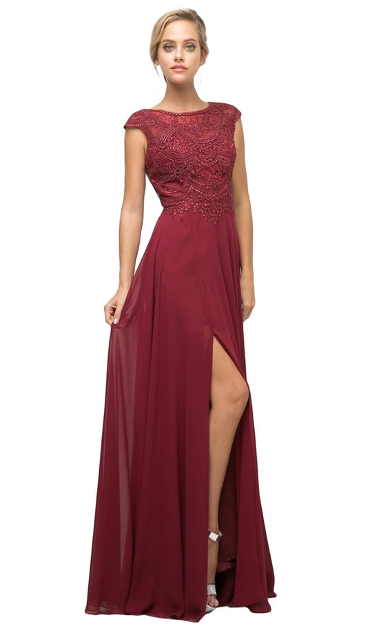 Cinderella Divine - UL035 Beaded Lace Bodice Scallop Cap Sleeve Chiffon Gown in Red