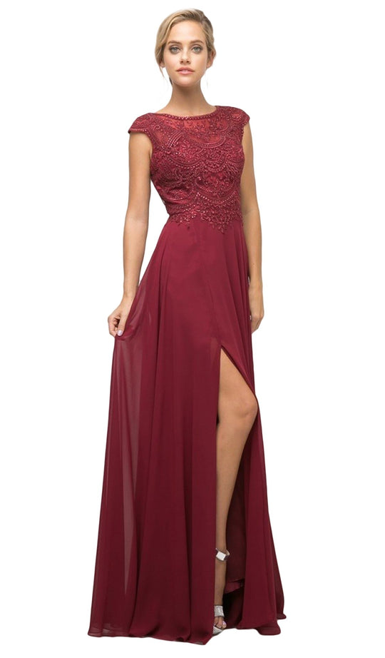 Cinderella Divine - UL035 Cap Sleeve Beaded Lace Chiffon Gown In Red