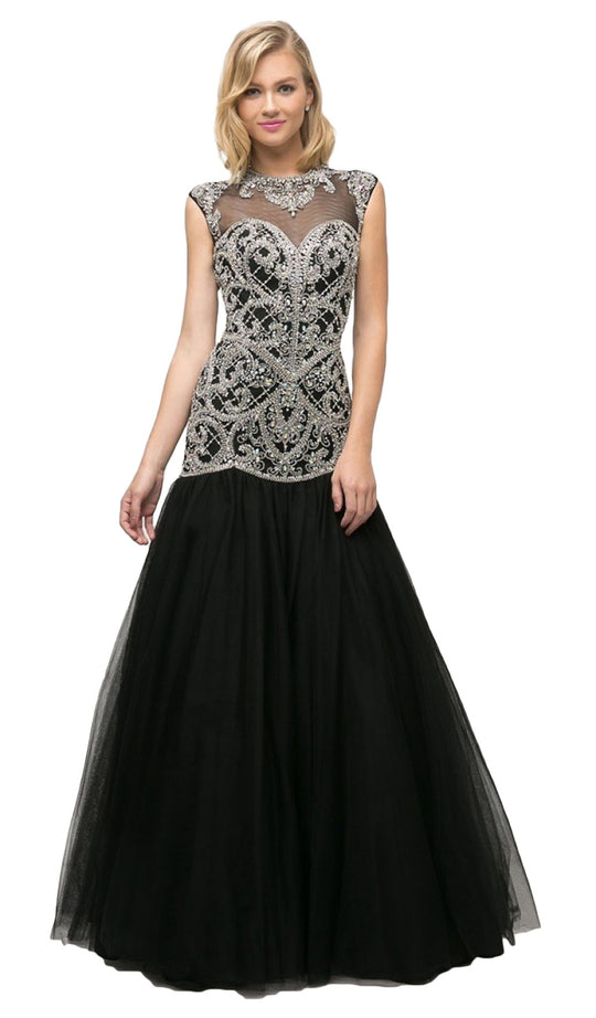 Cinderella Divine - UM072 Beaded High Neck Cap Sleeve Trumpet Dress In Black