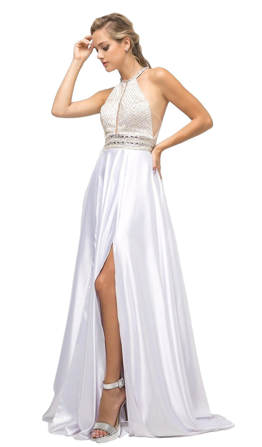 Cinderella Divine - UM076 Beaded Halter A-line Dress With Train In White