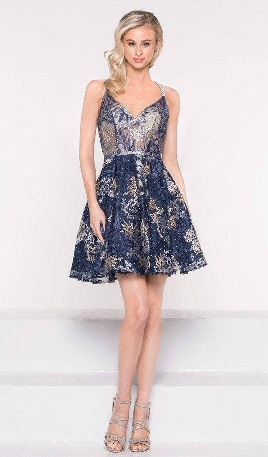 Colors Dress - 1974 Embroidered Foliage Corset A-Line Dress in Blue