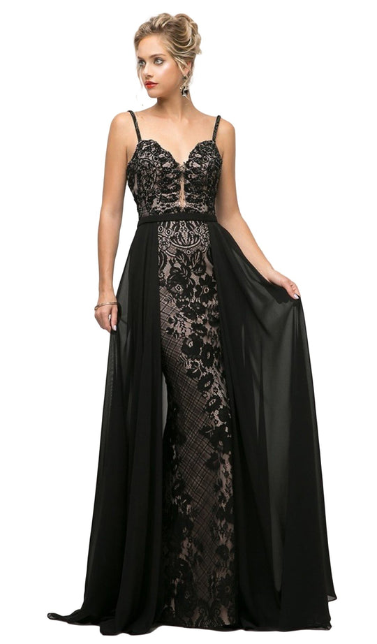 Cinderella Divine - UT254 Lace Deep Sweetheart Dress With Overskirt In Black