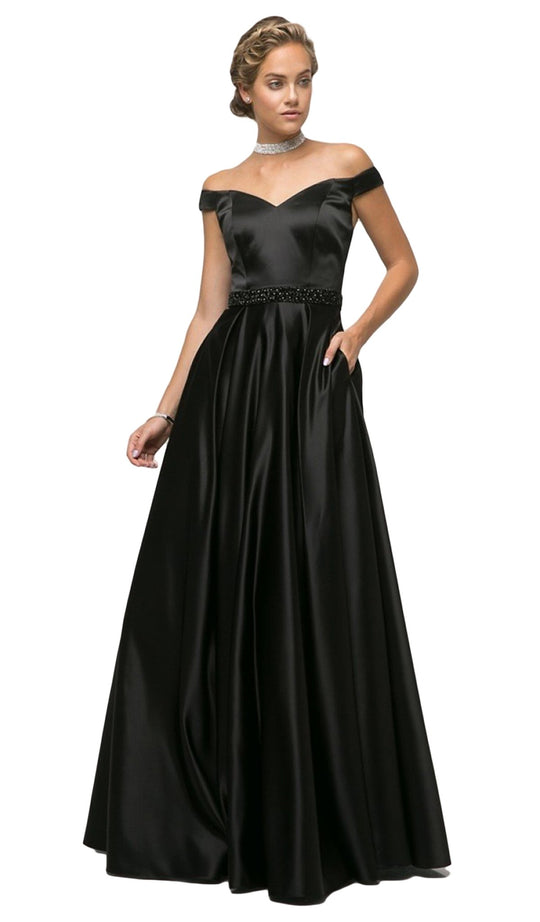Cinderella Divine - UT257 Off Shoulder Beaded Belt Accent Satin Gown In Black