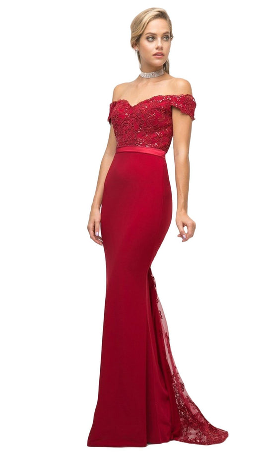 Cinderella Divine - UV001 Off Shoulder Beaded Lace Bodice Mermaid Gown In Red