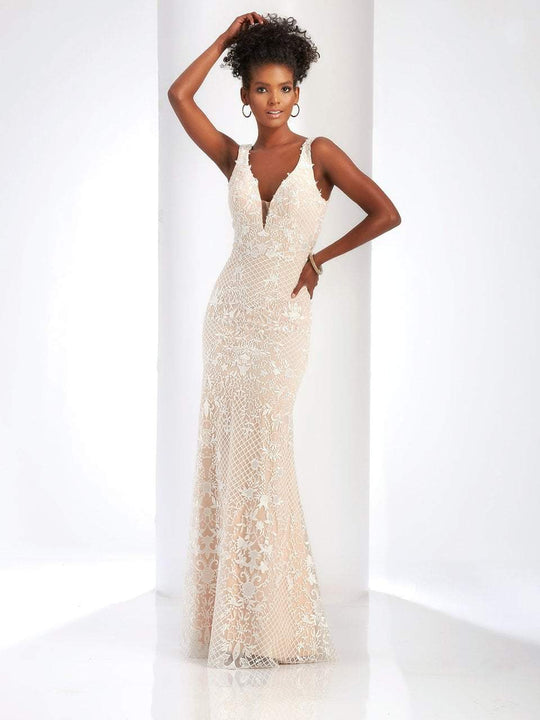 Clarisse - 4905 Plunging Floral Appliqued Evening Gown in White and Neutral