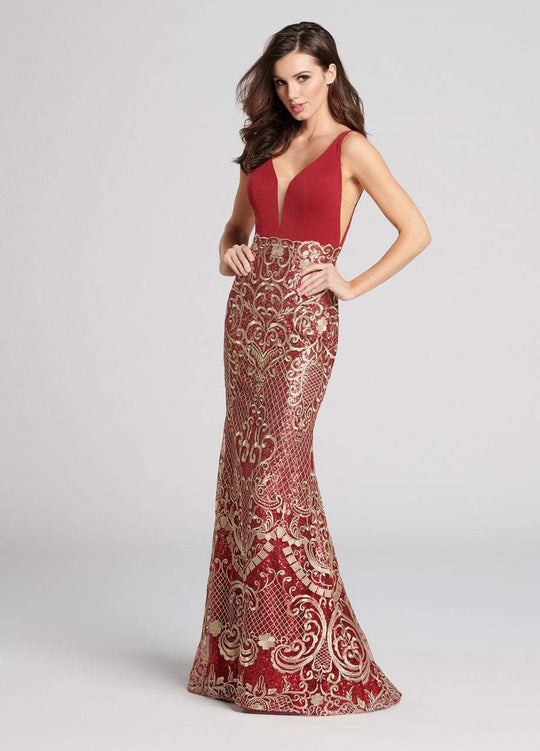 Ellie Wilde - EW21820 Embroidered Sequined Lace Trumpet Dress in Red and Gold