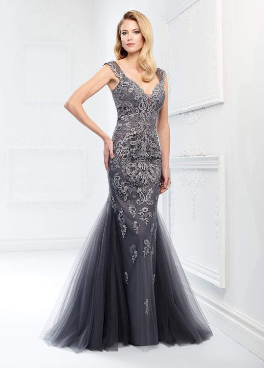 Montage by Mon Cheri - 218918 Lace Deep V-neck Trumpet Gown With Train in Gray
