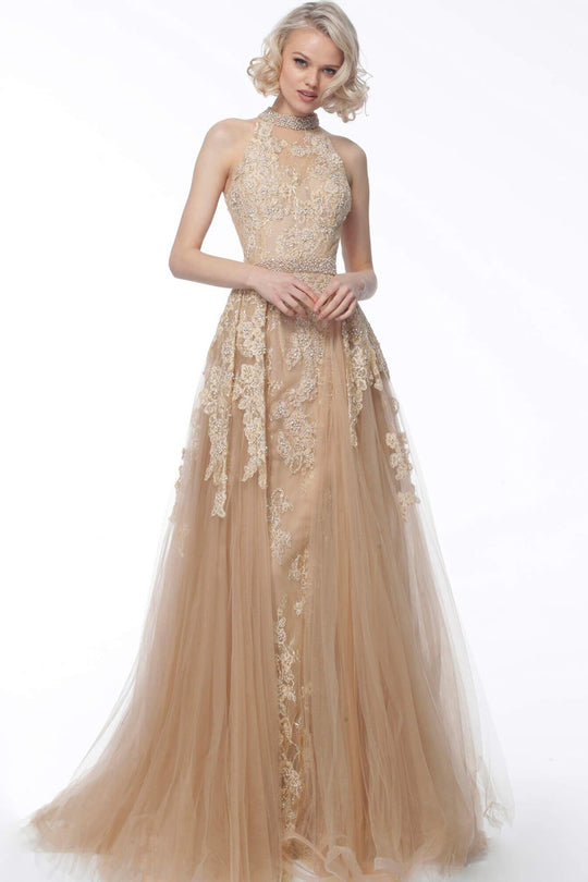 Jovani - 53033 Beaded Appliques High Halter Dress In Gold
