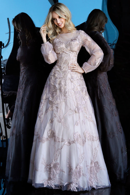 Jovani - 67444 Bishop Sleeves Embroidered A-line Dress In Pink and Neutral