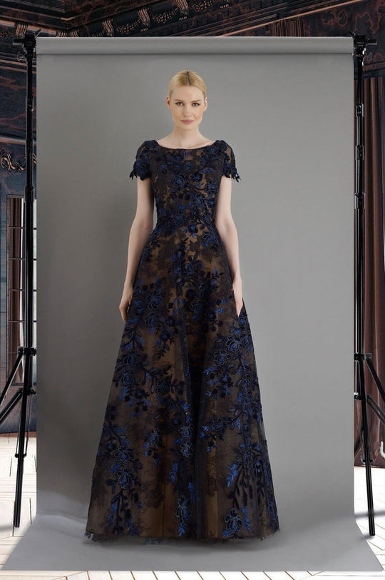Janique - W2187 Floral Lace Bateau A-line Gown In Black and Blue