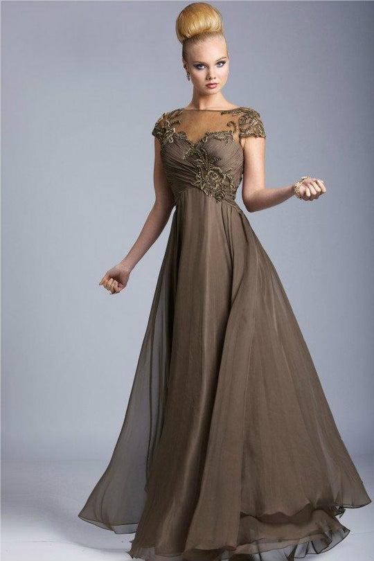 Janique - Long Illusion Ruched Bodice Beaded Chiffon Gown W325 in Green