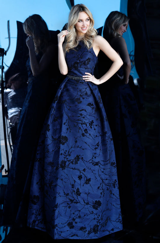 Jovani - 66103 Sleeveless Floral A-line Dress In Blue and Black