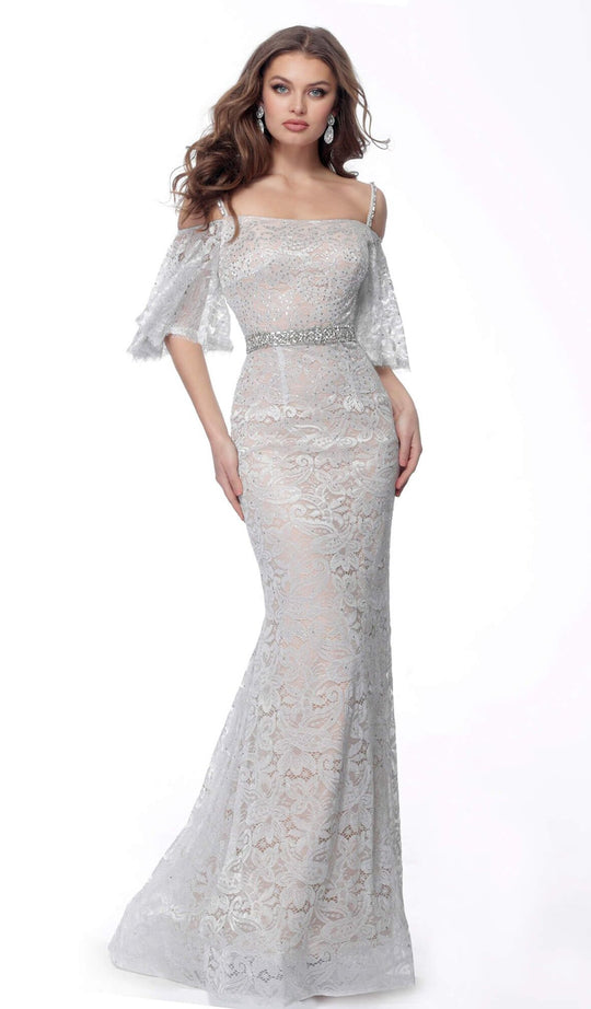Jovani - 62053 Beaded Lace Off-Shoulder Trumpet Dress In Silver