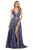 Sherri Hill - 52977 Long Surplice V-Neck High Slit Dress In Blue and Silver