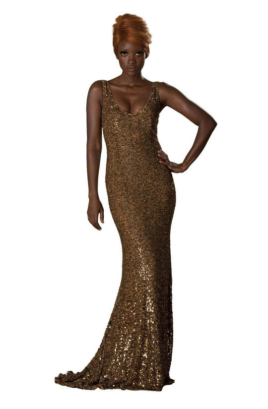 Theia - 881743 Gilded Shimmering Sequined Evening Dress in Gold