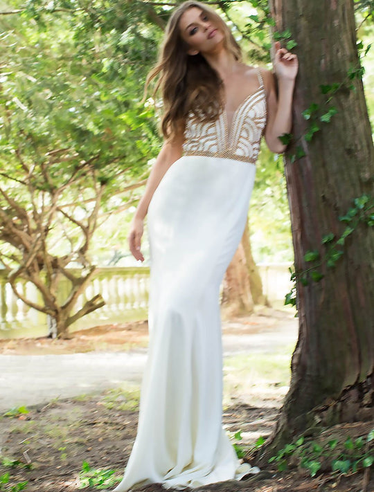 JVN60606 Scallop Beaded Satin Sheath Gown