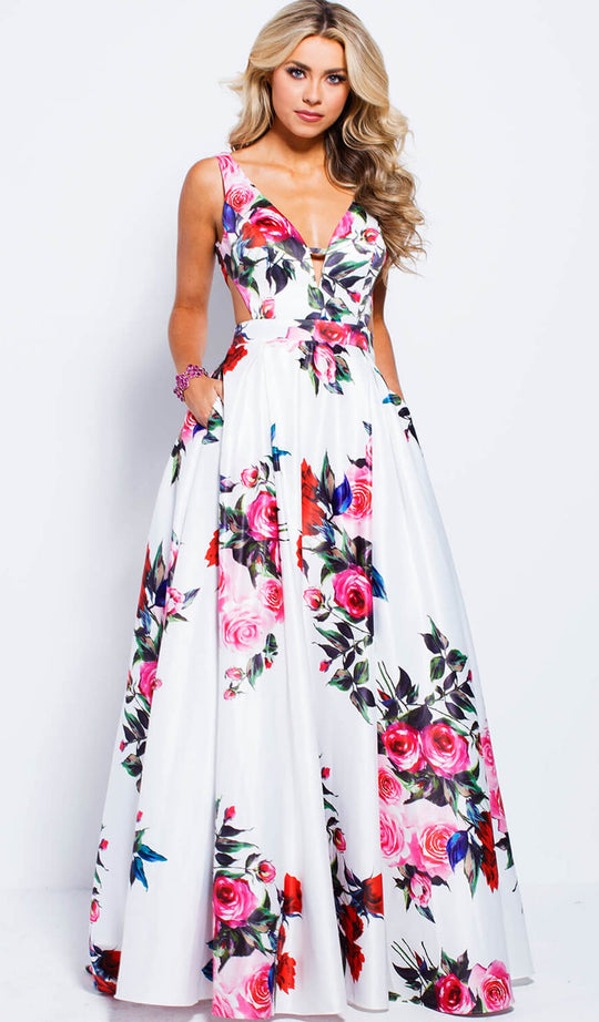 Jovani - Floral V-neck A-line Evening Gown JVN59146 - 1 pc White/Multi-Color In Size 12 Available