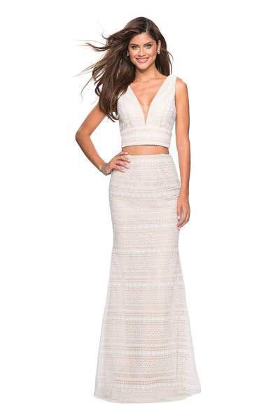 La Femme - 27189 Two Piece Lace Deep V-neck Trumpet Dress In White and Neutral