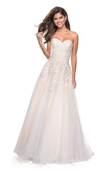 La Femme - 27508 Lace Embroidered Strapless Pleated A-Line Gown In White