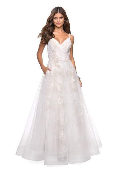 La Femme - 27263 Lace Applique Plunging V-neck A-line Dress In White and Neutral