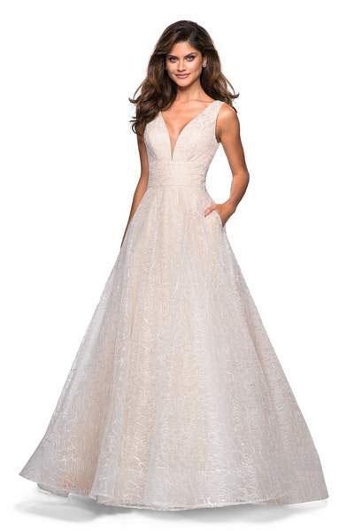 La Femme - 27323 Plunging V-Neck Pleated A-Line Gown In White