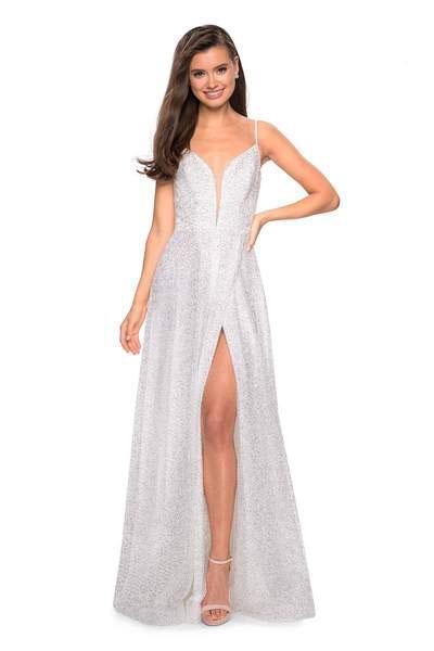 La Femme - 27798 Sequined Deep V-neck A-line Dress In White