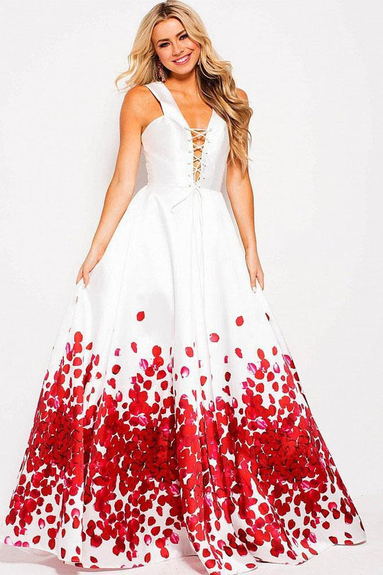 JVN59187 Sleeveless Plunging Neck Lace Up Ballgown