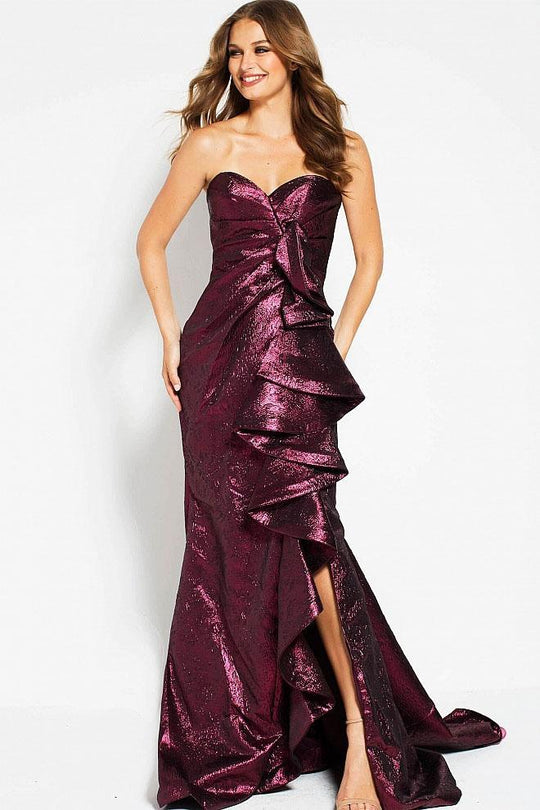 48869 Pleated Sweetheart Metallic Trumpet Dress