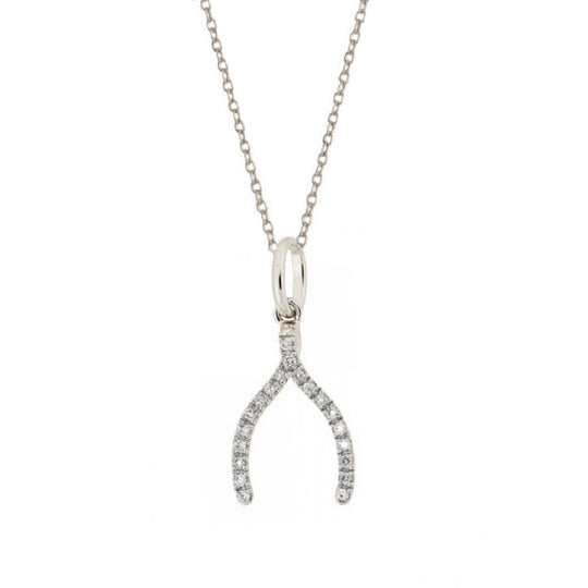 14k White Gold Diamond Wishbone Charm Necklace