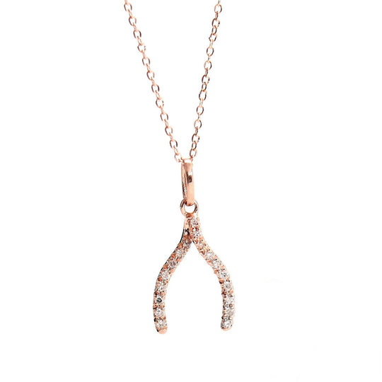 14k Rose Gold Diamond Wishbone Charm Necklace