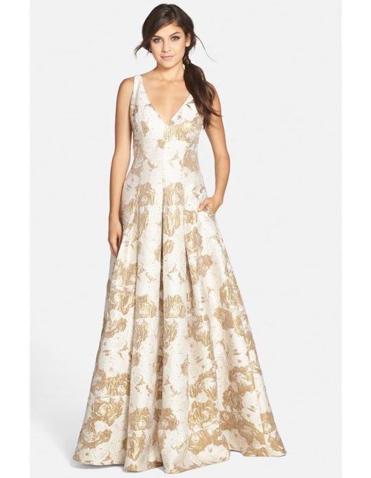 Aidan Mattox - 54465090 Sleeveless V Neck Box Pleated Long Dress in Gold and White